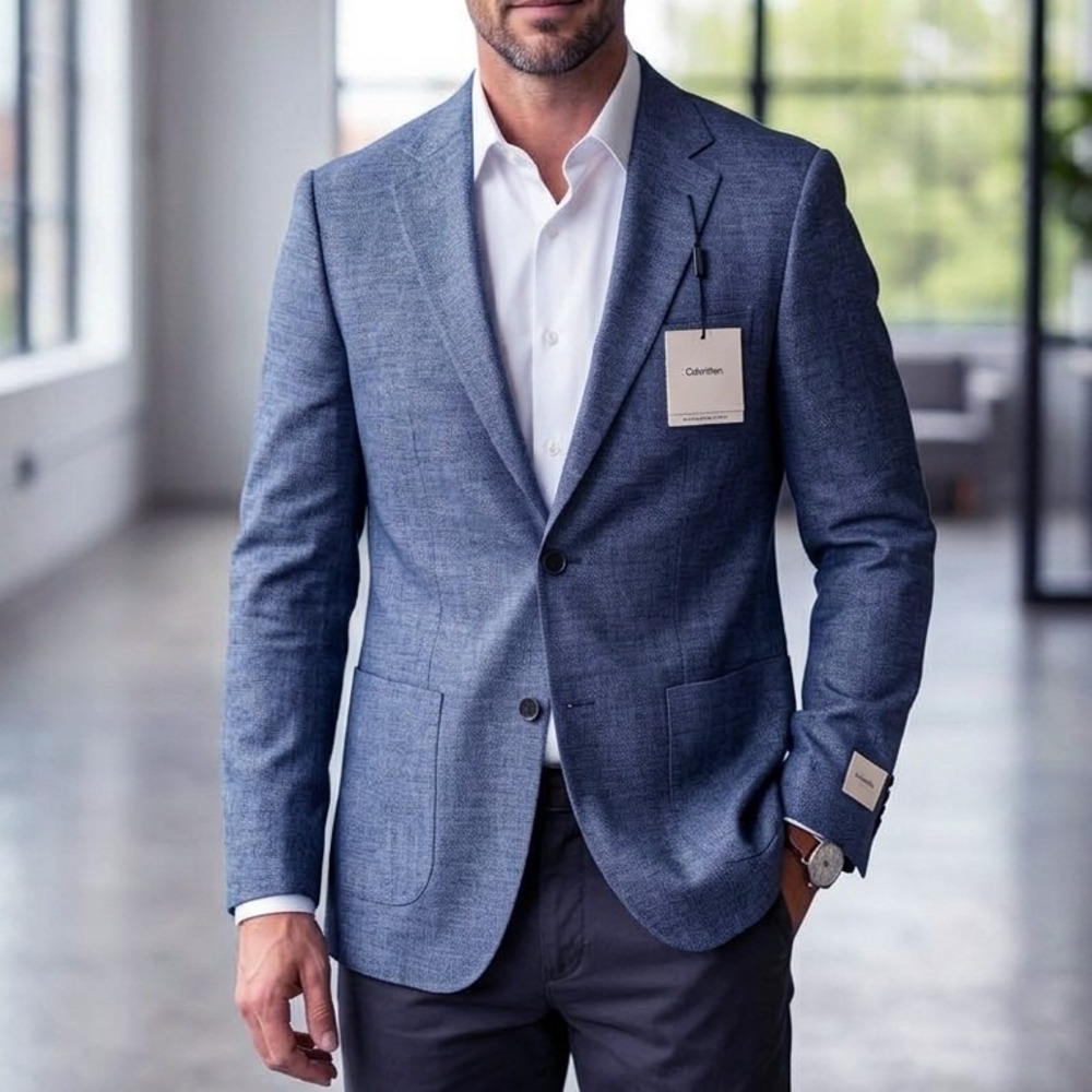 Calvin Klein Sportscoat Mens Slim fit Wool Jacket Blazer 38L Blue Solid Stretch